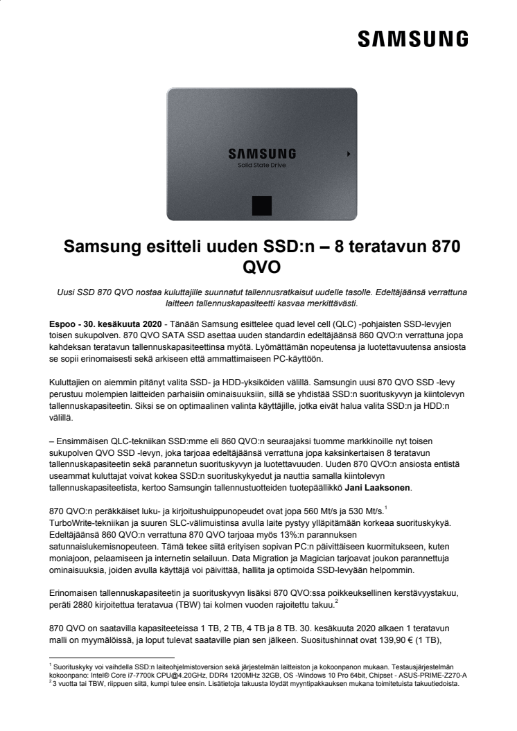 Samsung esitteli uuden SSD:n – 8 teratavun 870 QVO