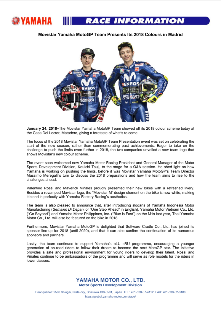 Movistar Yamaha MotoGP Team Presents Its 2018 Colours in Madrid