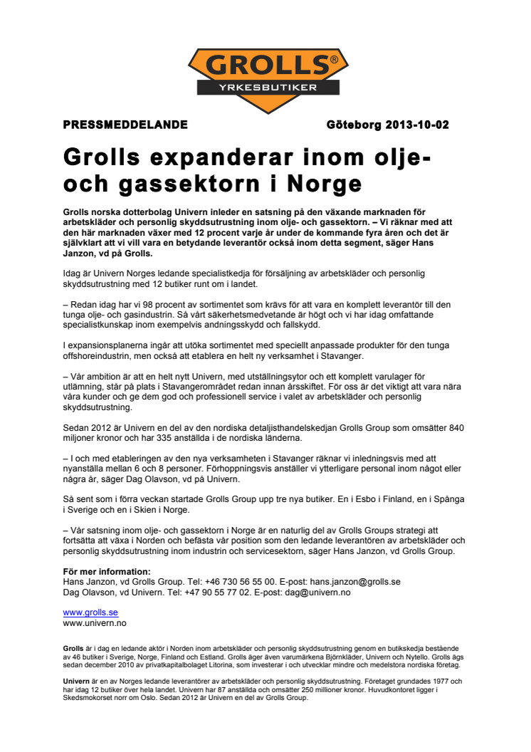 Grolls expanderar inom olje- och gassektorn i Norge