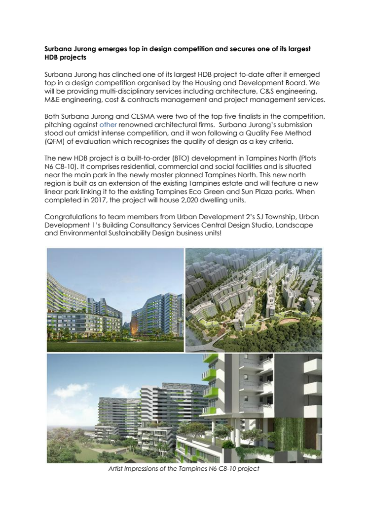Surbana Jurong emerges top in design competition and secures one of its largest HDB projects