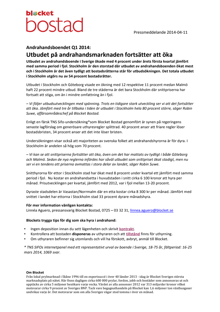 Andrahandsboendet Q1 2014: Utbudet på andrahandsmarknaden fortsätter att öka