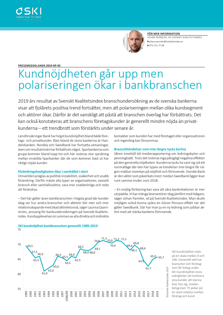 Svenskt Kvalitetsindex om bankbranschen 2019