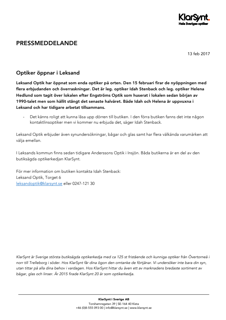 Optiker öppnar i Leksand