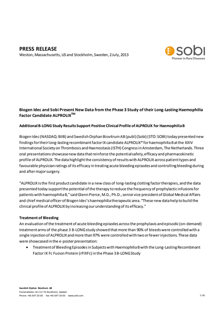 Biogen Idec and Sobi Present New Data from the Phase 3 Study of their Long-Lasting Haemophilia Factor Candidate ALPROLIX (TM)