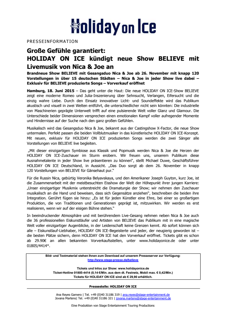 Große Gefühle garantiert: HOLIDAY ON ICE kündigt neue Show BELIEVE mit Livemusik von Nica & Joe an