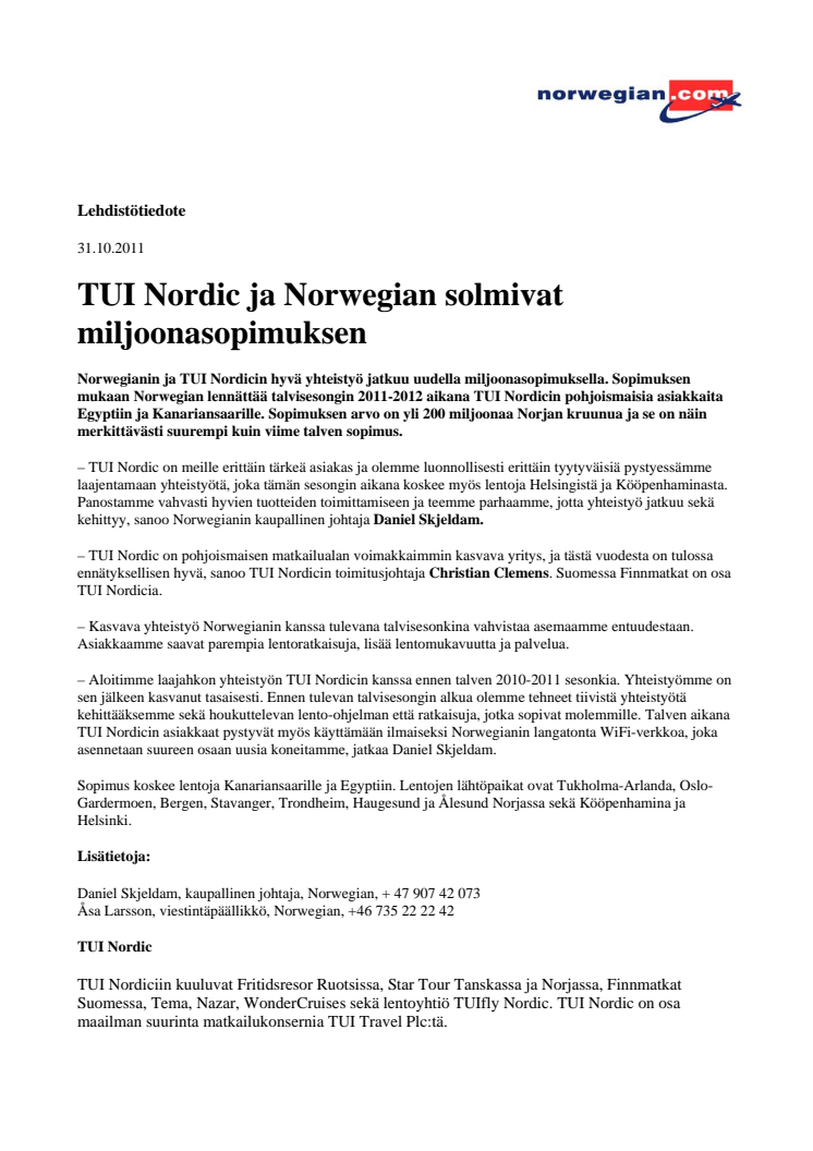 TUI Nordic ja Norwegian solmivat miljoonasopimuksen