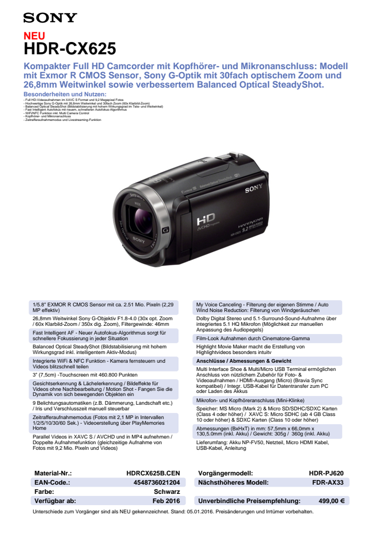 Datenblatt HDR-CX625 von Sony