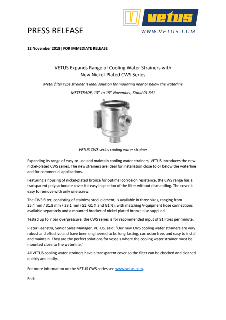 VETUS Expands Range of Cooling Water Strainers with New Nickel-Plated CWS Series 
