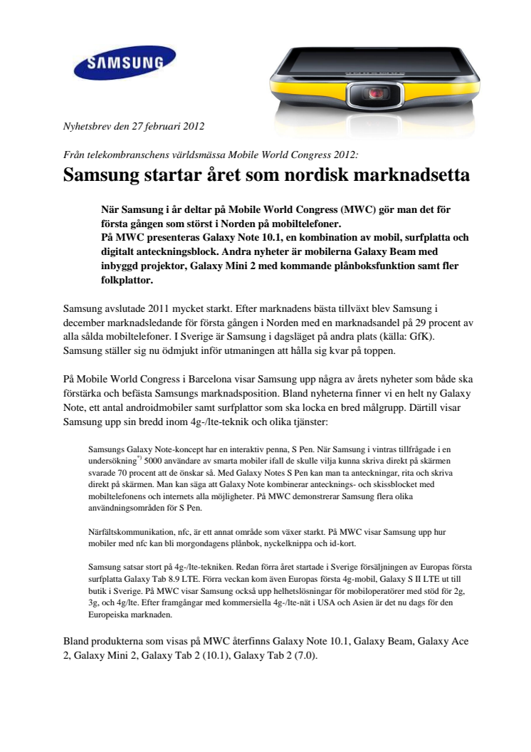 Från telekombranschens världsmässa Mobile World Congress 2012: Samsung startar året som nordisk marknadsetta