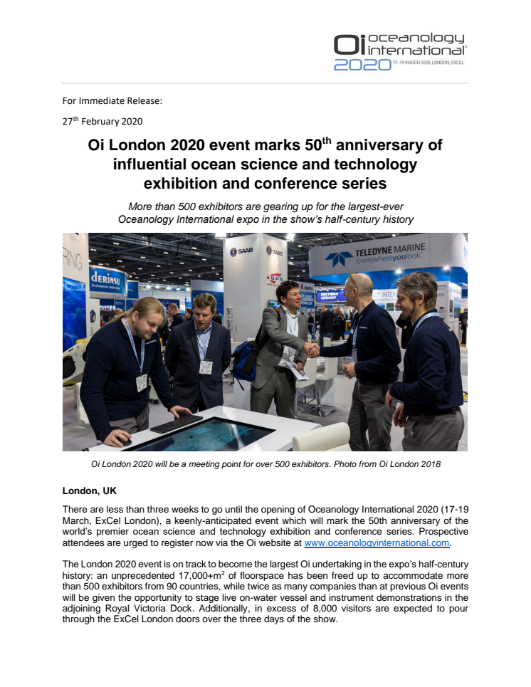 Oi London 2020 event marks 50th anniversary of influential ocean science and technology exhibition and conference series