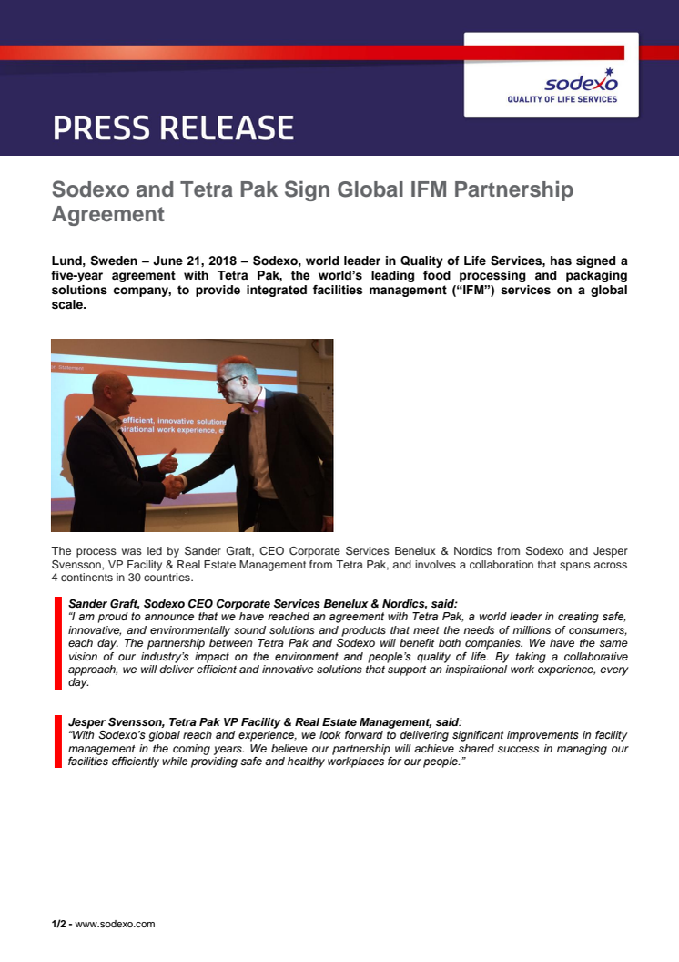 Sodexo and Tetra Pak Sign Global IFM Partnership Agreement