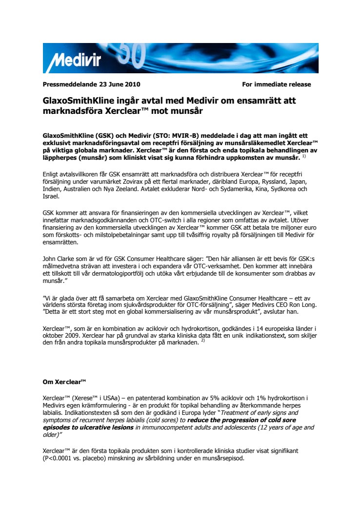 GlaxoSmithKline ingår avtal med Medivir om ensamrätt att marknadsföra Xerclear™ mot munsår 