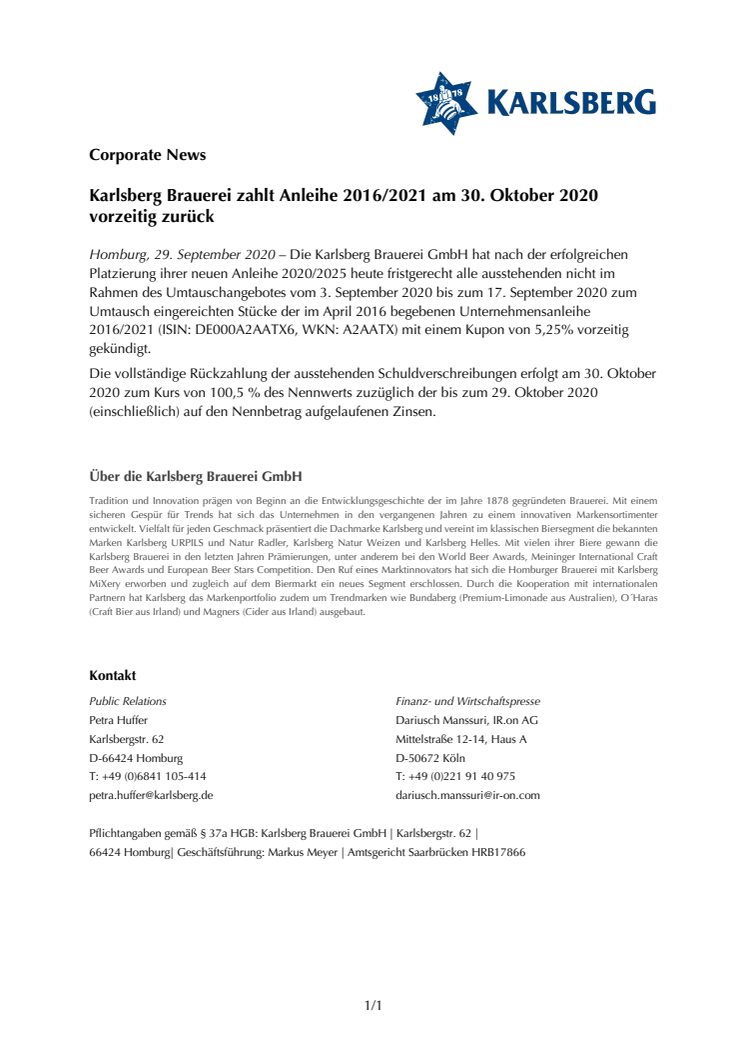 Karlsberg Brauerei zahlt Anleihe 2016/2021 am 30. Oktober 2020 vorzeitig zurück