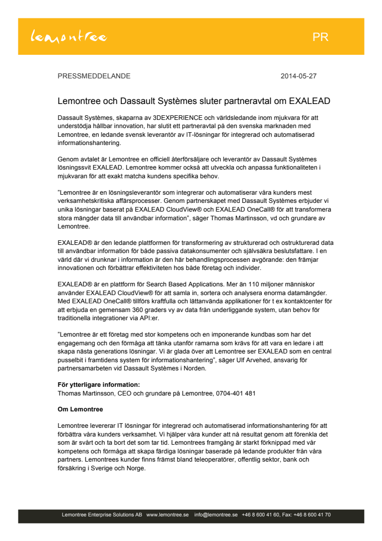 Lemontree och Dassault Systèmes sluter partneravtal om EXALEAD