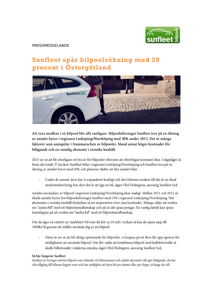 Sunfleet spår bilpoolsökning med 20 procent i Östergötland