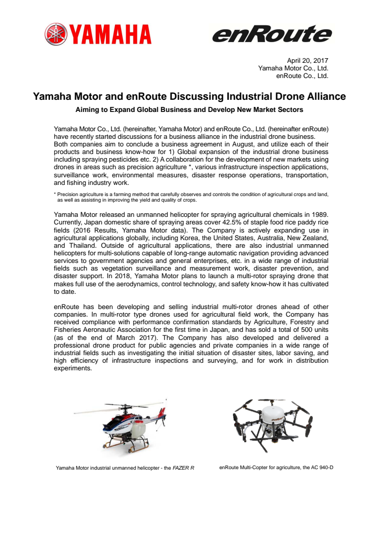 Yamaha Motor and enRoute Discussing Industrial Drone Alliance　Aiming to Expand Global Business and Develop New Market Sectors