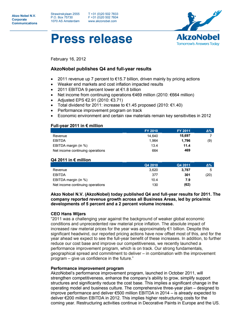 AkzoNobel publishes Q4 and full-year results