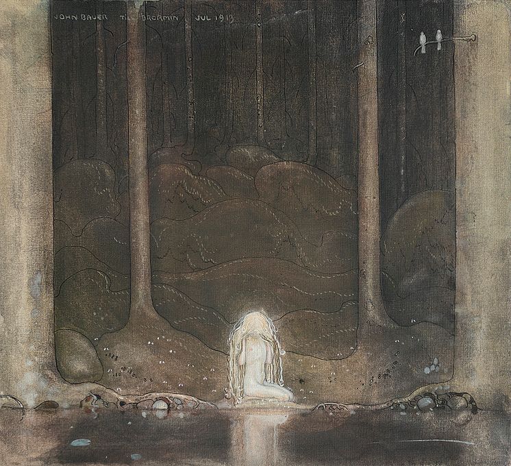 John Bauer, Ännu sitter Tuvstarr och ser undrande ner i vattnet, 1913. Akvarell, gouache och tusch på papper. 25 x 27,2 cm.