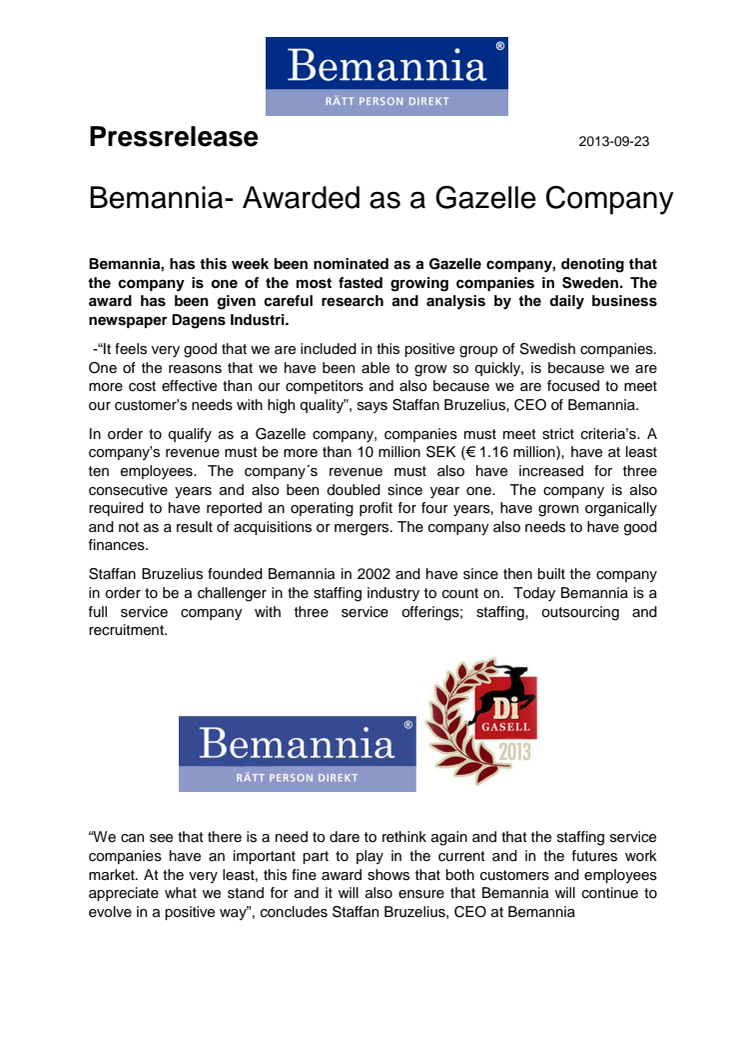 Bemannia- Awarded as a Gazelle Company