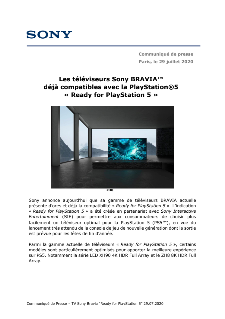 Les téléviseurs Sony BRAVIA™  déjà compatibles avec la PlayStation®5  « Ready for PlayStation 5 » 