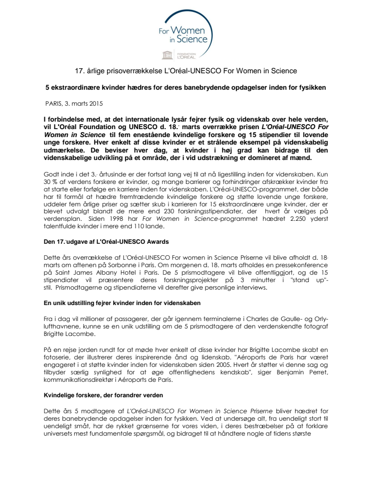 17. årlige prisoverrækkelse L'ORÉAL-UNESCO For Women in Science