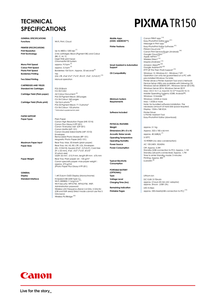 Specifications PIXMA TR150