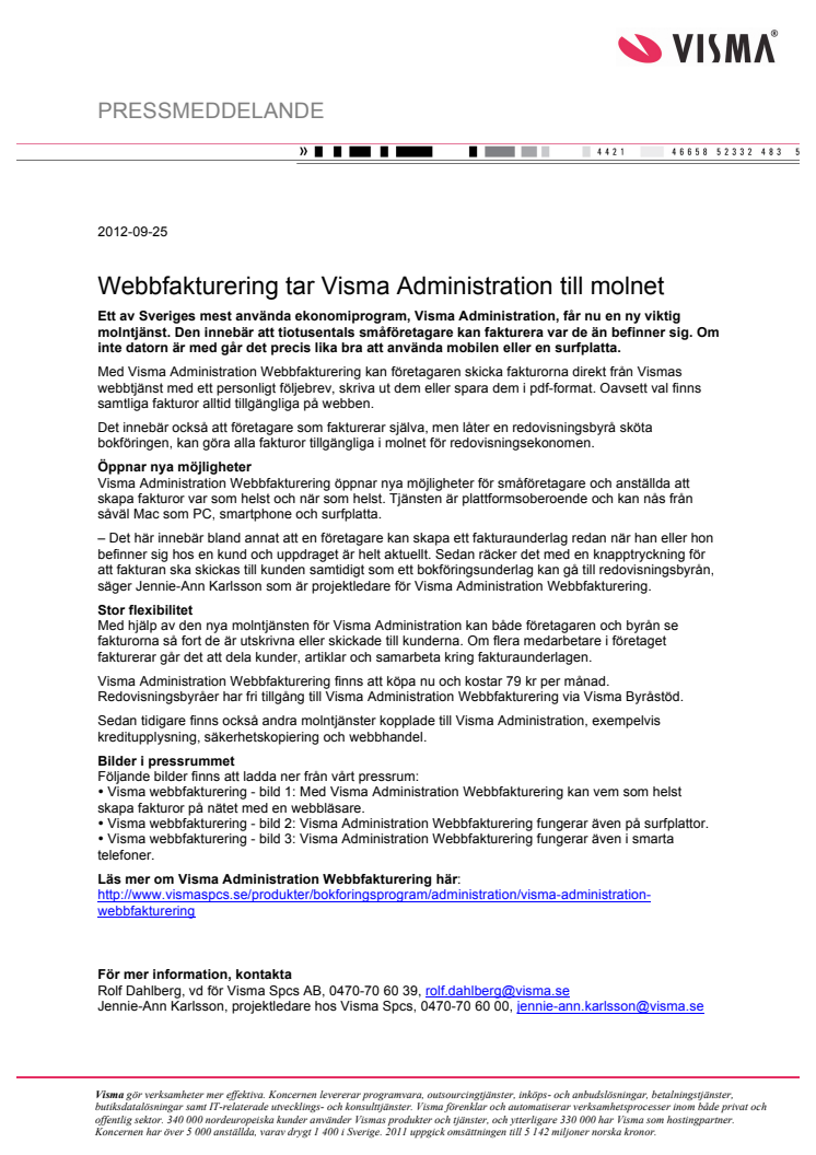 Webbfakturering tar Visma Administration till molnet