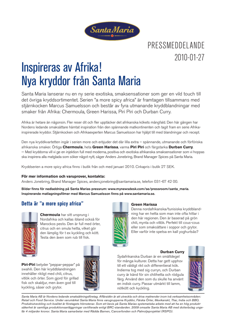 Inspireras av Afrika! Nya kryddor från Santa Maria