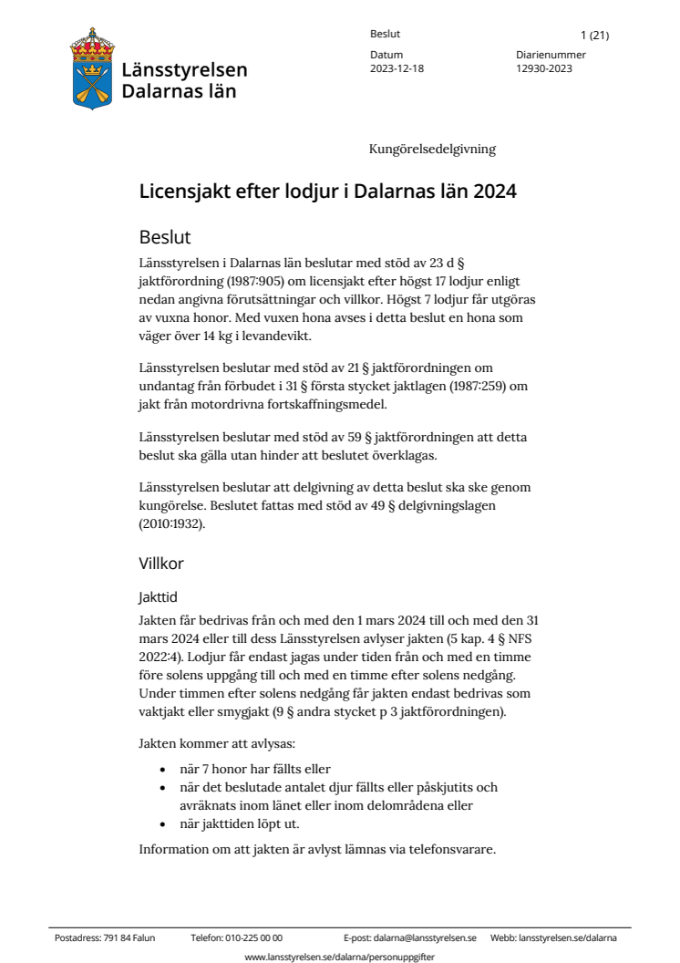 Beslut om licensjakt efter lodjur i Dalarnas län 2024.pdf