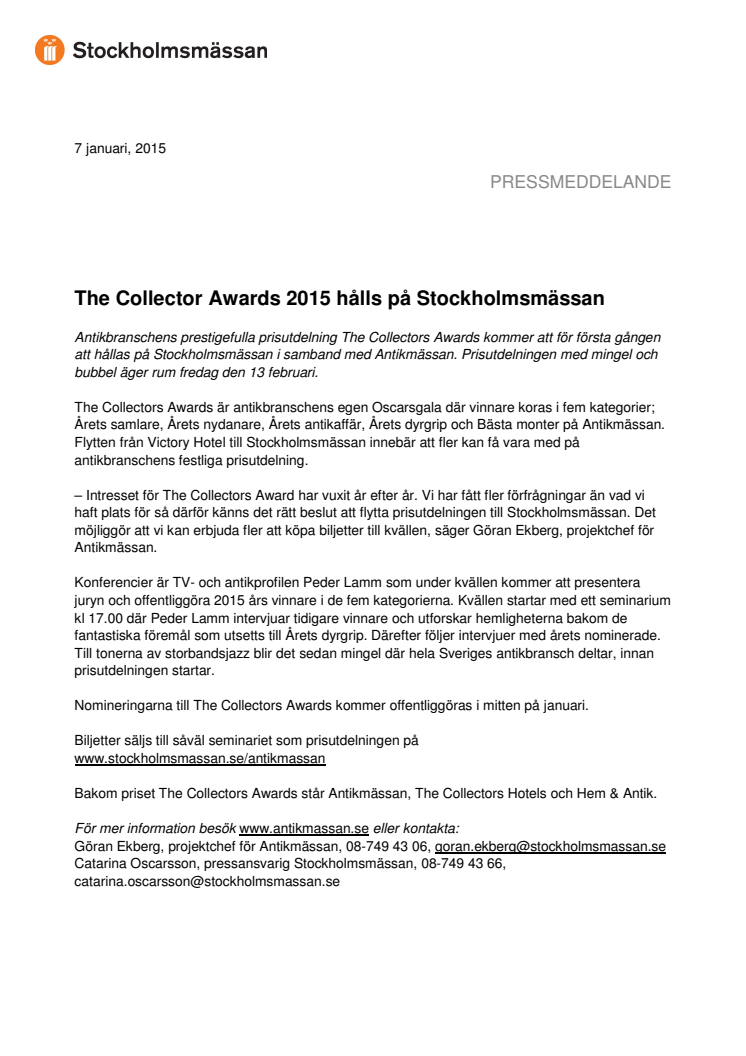 The Collector Awards 2015 hålls på Stockholmsmässan