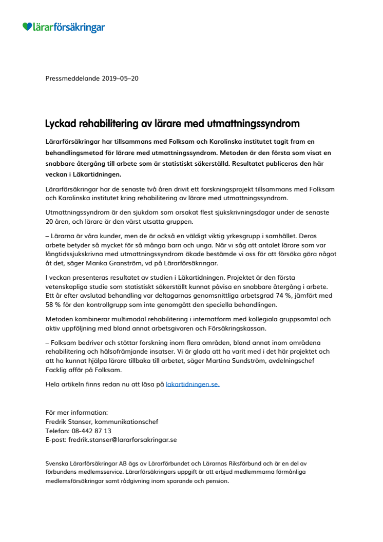 Lyckad rehabilitering av lärare med utmattningssyndrom