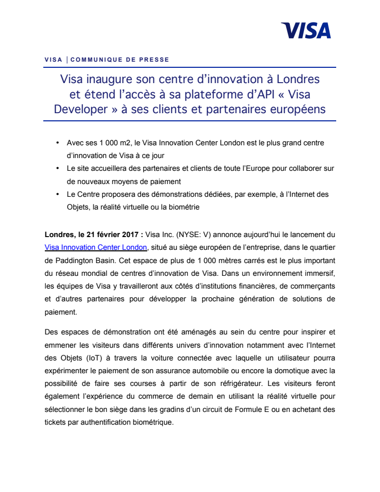 Visa inaugure son centre d’innovation à Londres  et étend l’accès à sa plateforme d’API « Visa Developer » à ses clients et partenaires européens