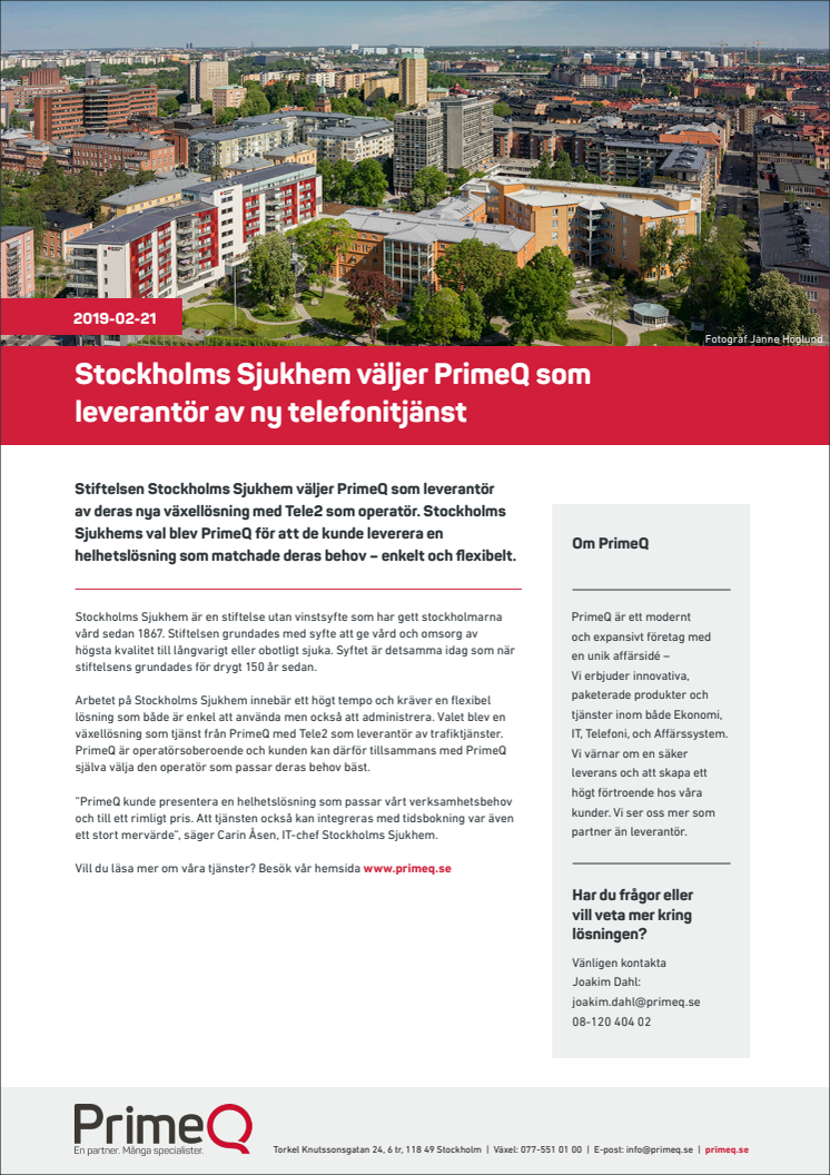 Stockholms Sjukhem väljer PrimeQ som leverantör av ny telefonitjänst