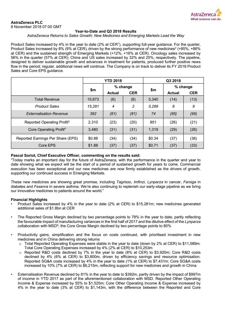 AstraZeneca PLC Year-to-Date and Q3 2018 Results