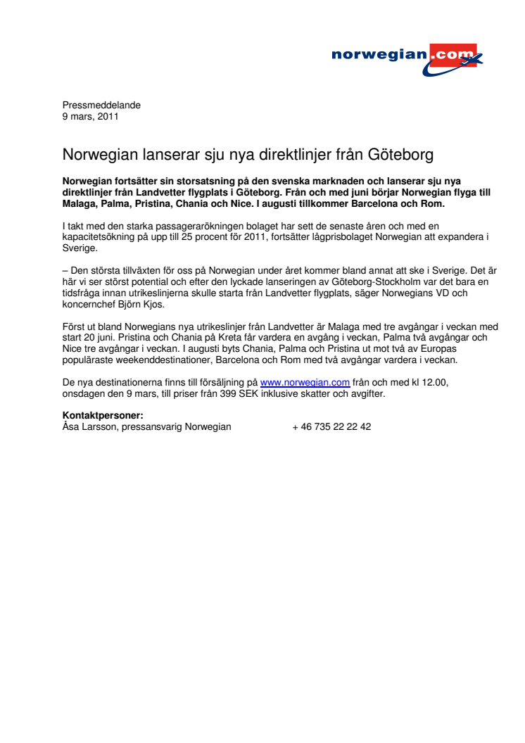 Norwegian lanserar sju nya direktlinjer från Göteborg