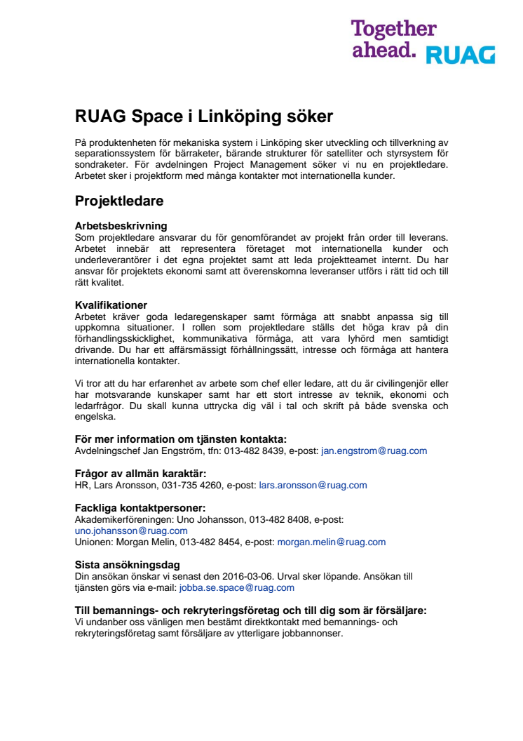 RUAG Space i Linköping söker Projektledare