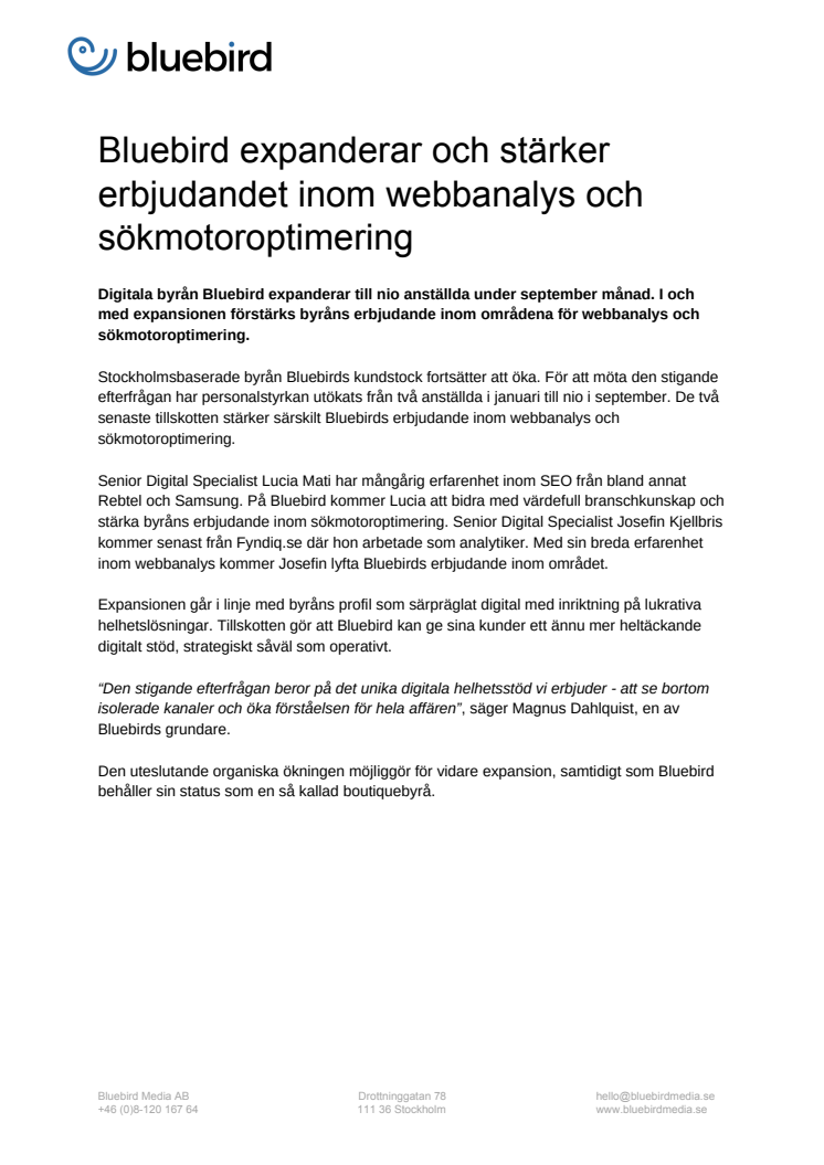 Bluebird expanderar och stärker erbjudandet inom webbanalys