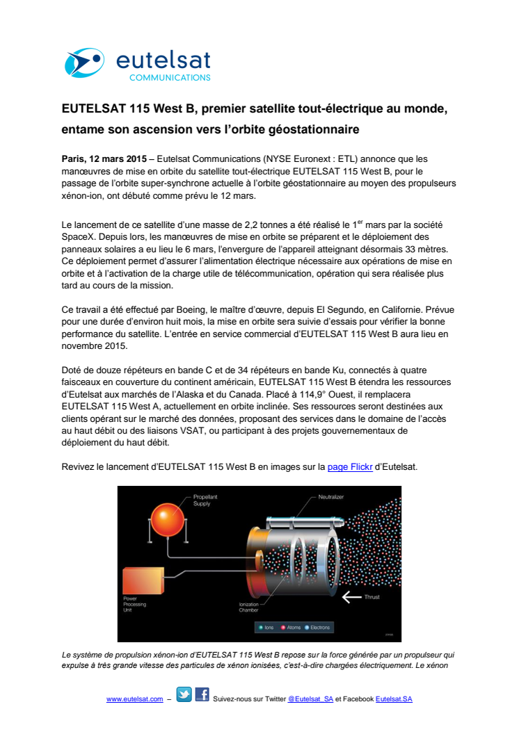 EUTELSAT 115 West B, premier satellite tout-électrique au monde, entame son ascension vers l’orbite géostationnaire