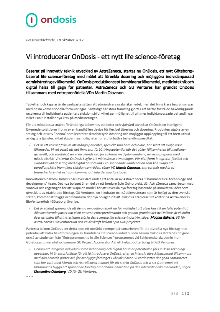 Vi introducerar OnDosis - ett nytt life science-företag