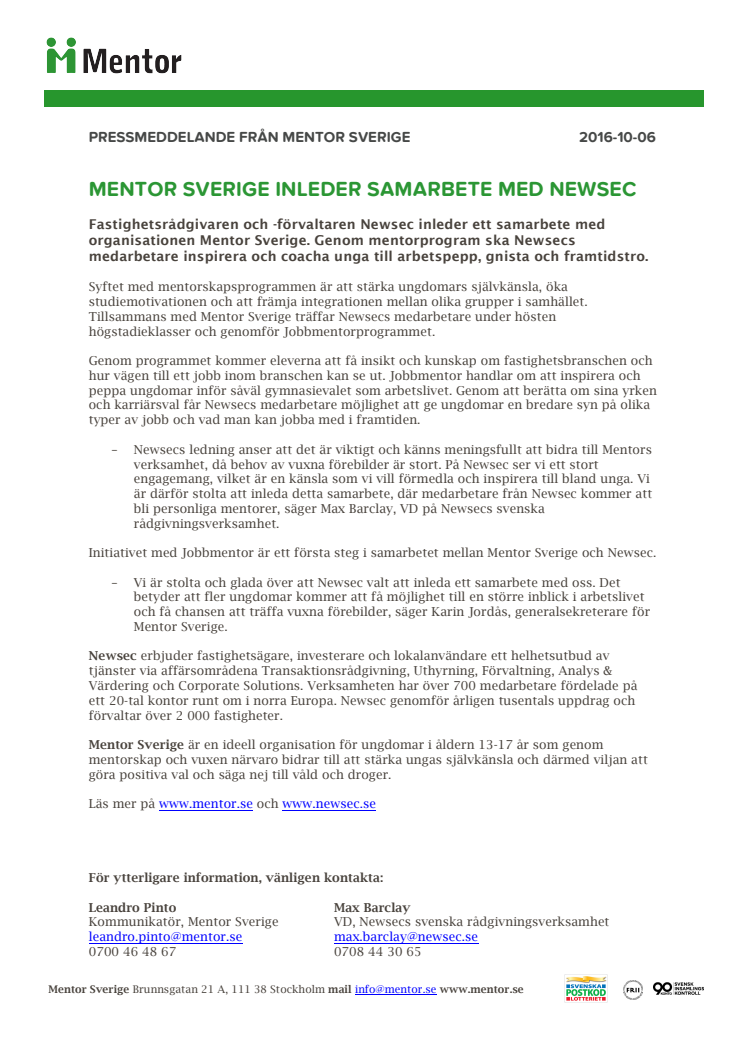 Mentor Sverige inleder samarbete med Newsec
