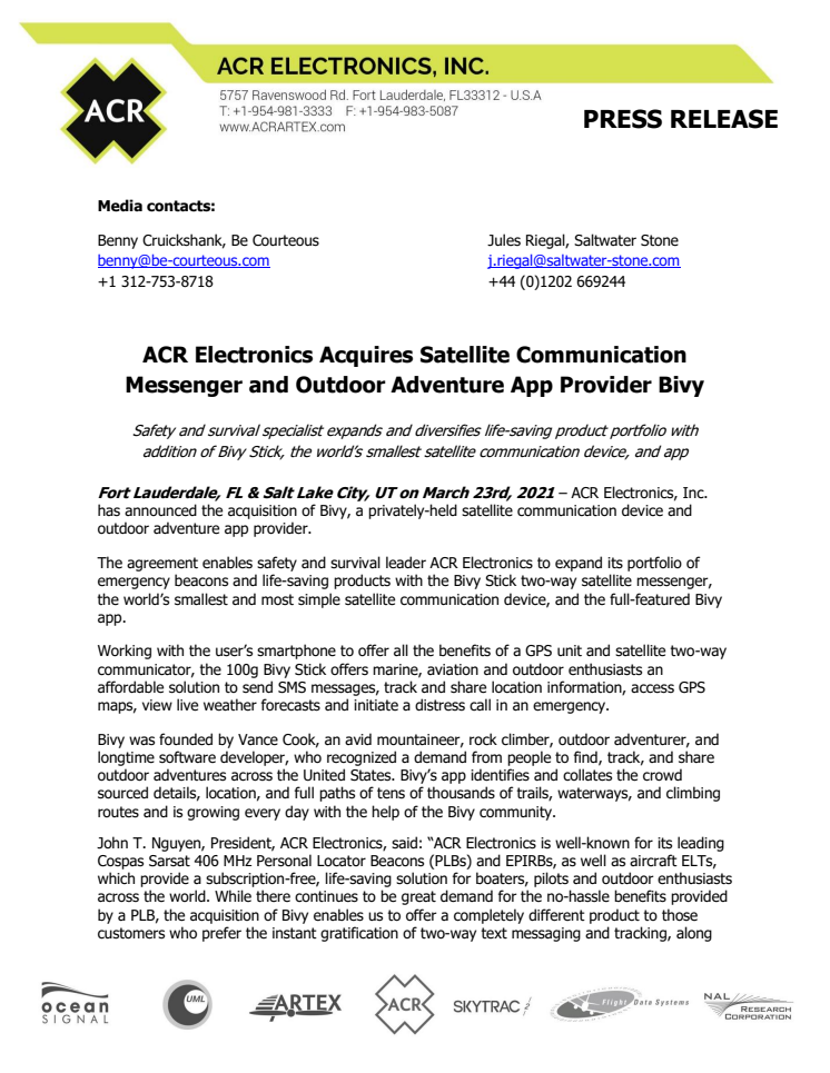 ACR Electronics Acquires Satellite Communication Messenger and Outdoor Adventure App Provider Bivy