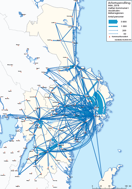 Arbetspendling 2018 i Stockholm-Mälarregionen män
