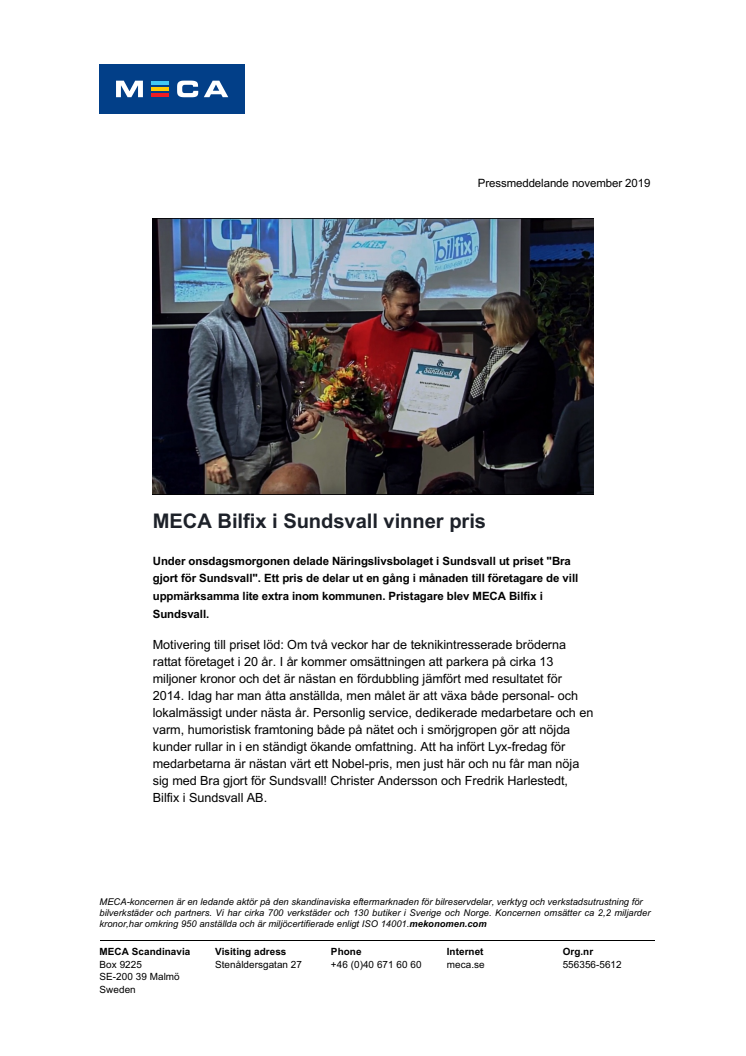 MECA Bilfix i Sundsvall vinner pris