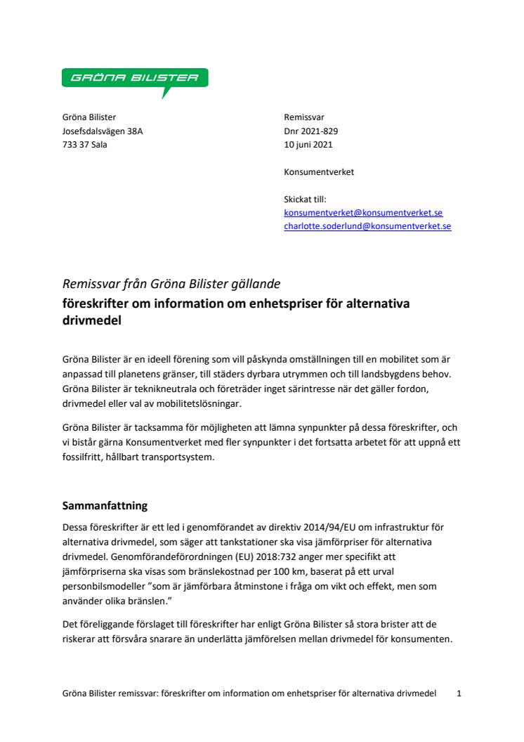 Gröna Bilister remissvar information om enhetspriser för alternativa drivmedel Dnr 2021-829.pdf