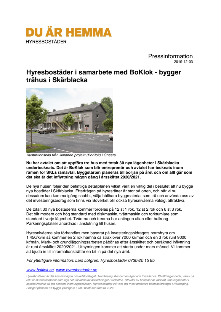 Hyresbostäder i samarbete med BoKlok - bygger trähus i Skärblacka