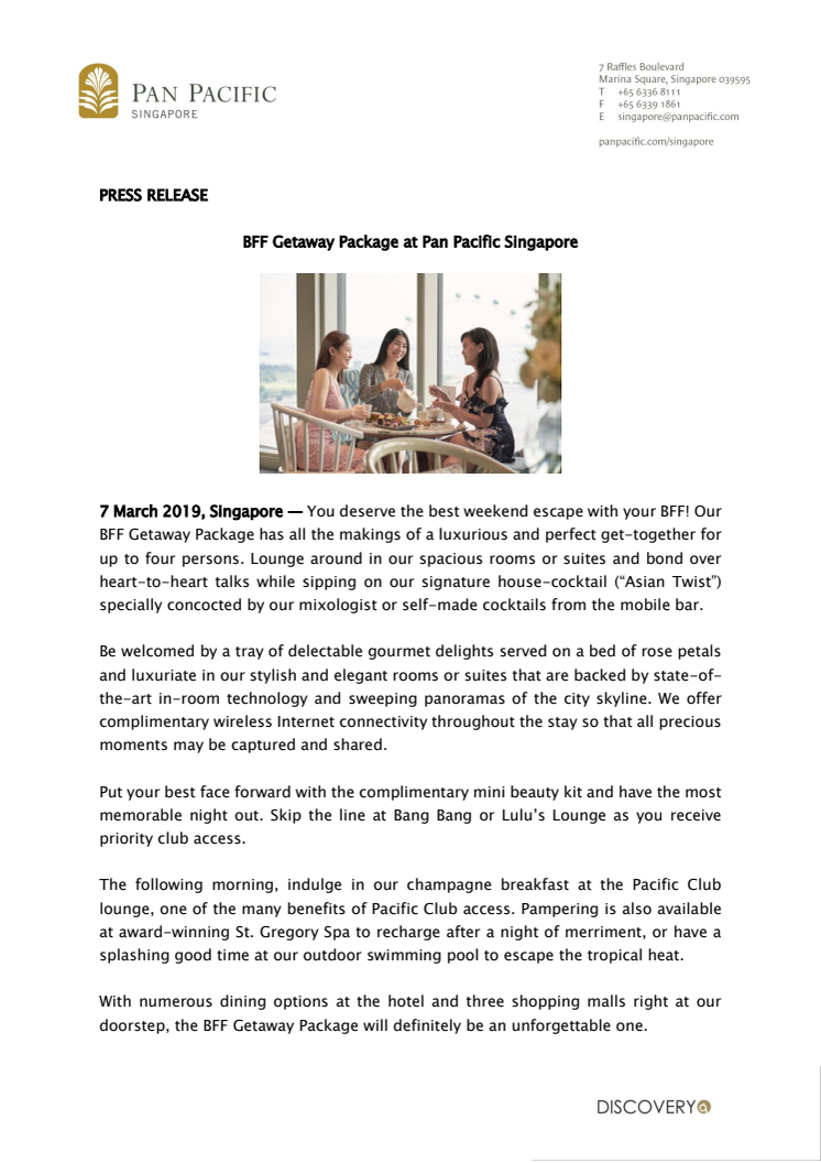BFF Getaway Package at Pan Pacific Singapore