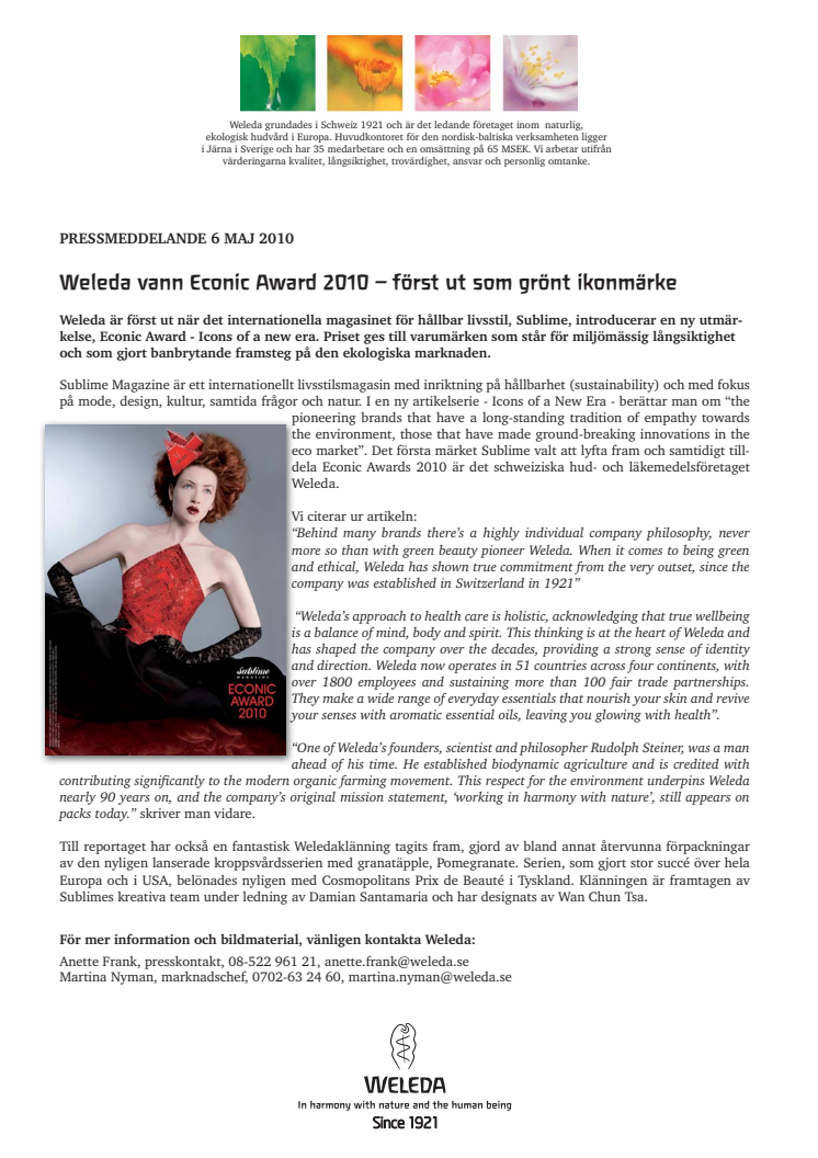 Weleda vann Econic Award 2010 – först ut som grönt ikonmärke