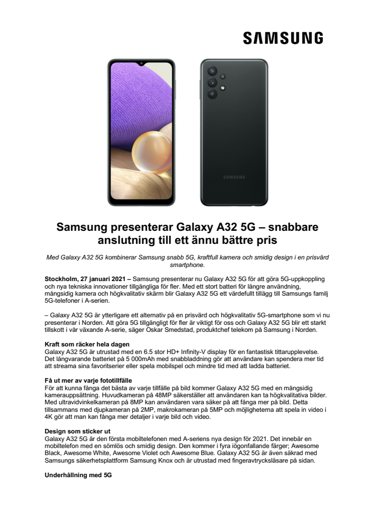Samsung presenterar Galaxy A32 5G – snabbare anslutning till ett ännu bättre pris