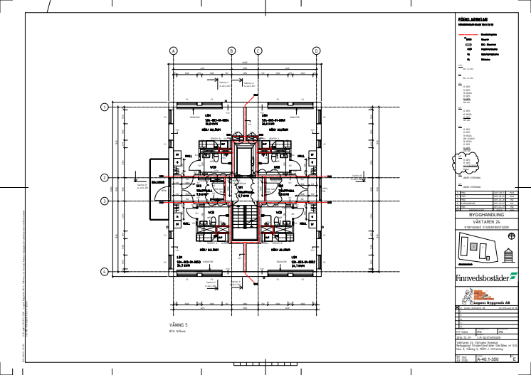 Planritning ett helt våningsplan med 4 lägenheter