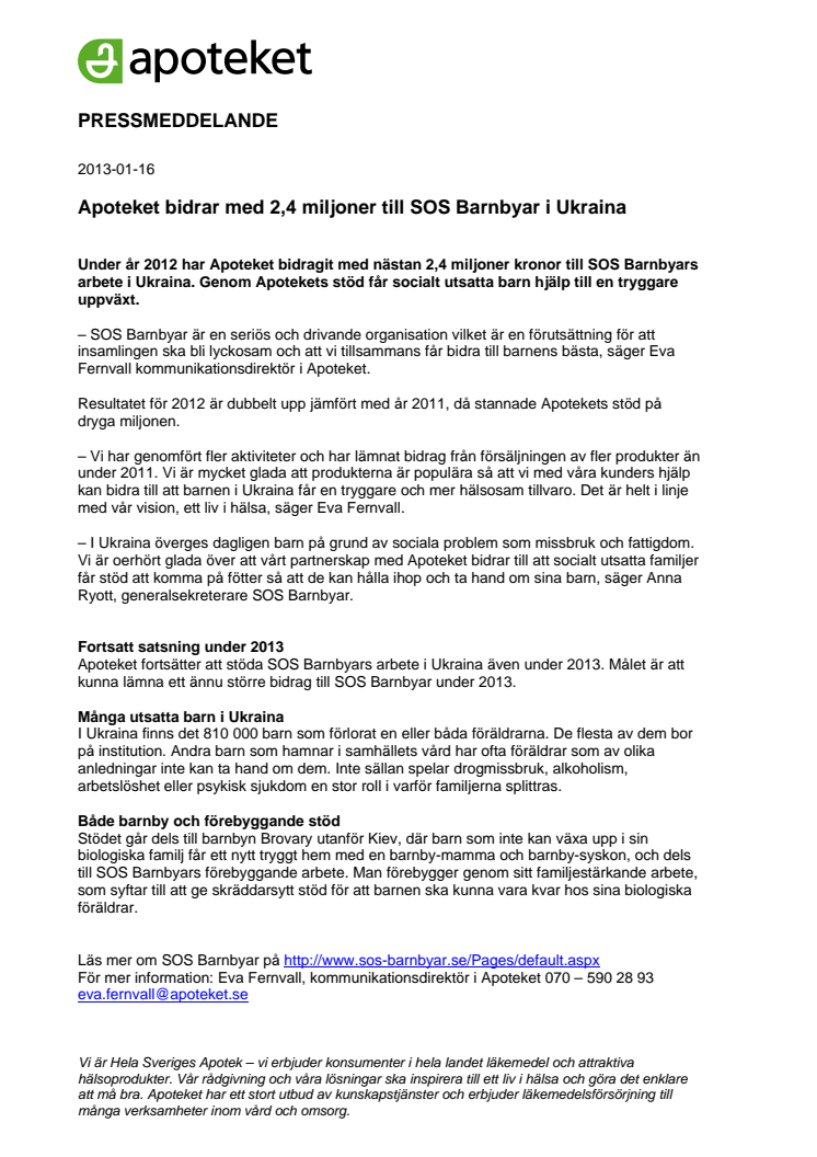 Apoteket bidrar med 2,4 miljoner till SOS Barnbyar i Ukraina